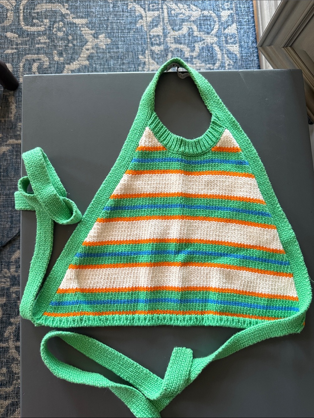 Backless Striped Knit Halter Top - Green, Orange & Blue